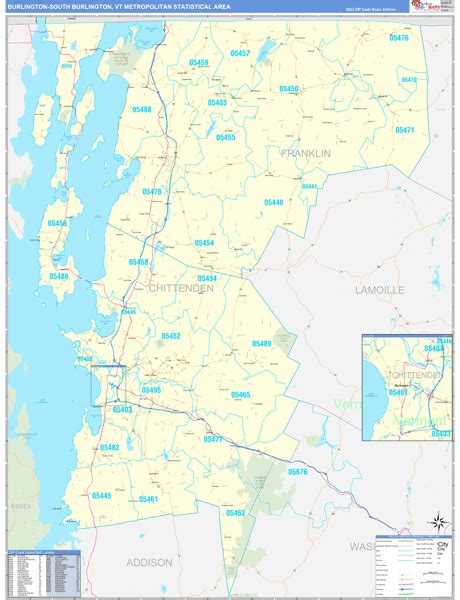 Burlington-South Burlington, VT Metro Area Wall Map Basic Style by MarketMAPS - MapSales