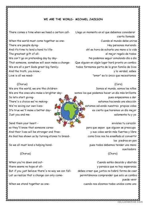 Lyrics-We are the worls (Michael Jac…: English ESL worksheets pdf & doc