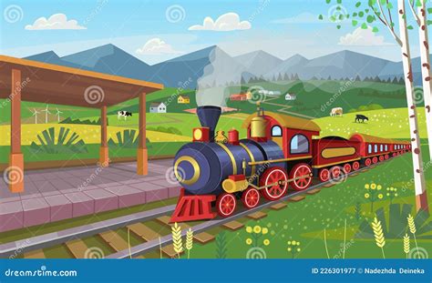 Old Train with Railway Station in the Village.Vector Cartoon Illustration Stock Vector ...