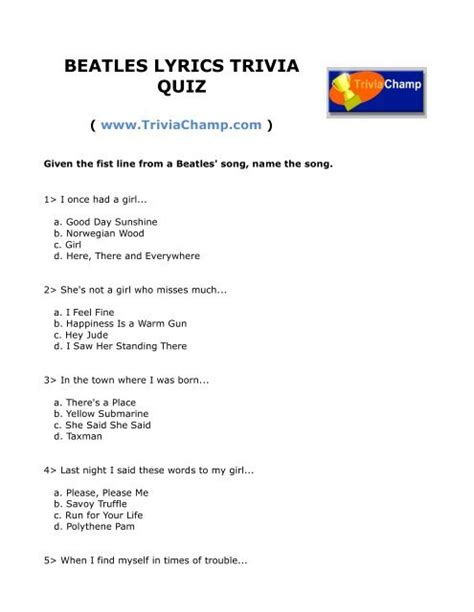 BEATLES LYRICS TRIVIA QUIZ - Trivia Champ