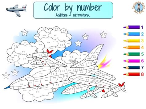 Plane color by number - additions & subtractions - Treasure hunt 4 Kids