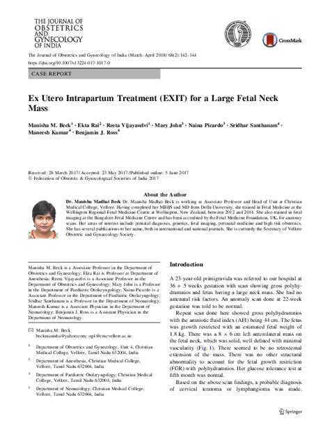 (PDF) Ex Utero Intrapartum Treatment (EXIT) for a Large Fetal Neck Mass | Maneesh Kumar ...