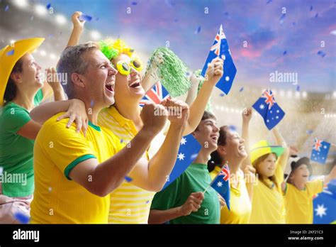 Australia fans on stadium. Australian supporters. Crowd cheering for Aussie football or cricket ...