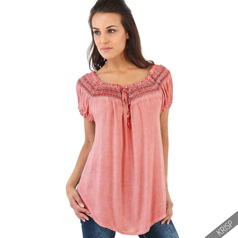 Womens Summer Loose Fit Boho Hippie Gypsy Cotton Off Shoulder Tunic Blouse Top