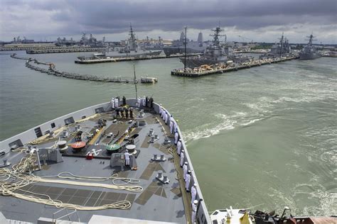 USS San Antonio (LPD-17) departs Naval Station Norfolk with various ...