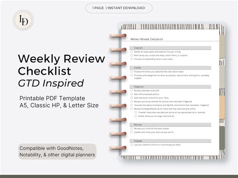 GTD Inspired Weekly Review Checklist, Productivity Planner printable PDF Template - Etsy