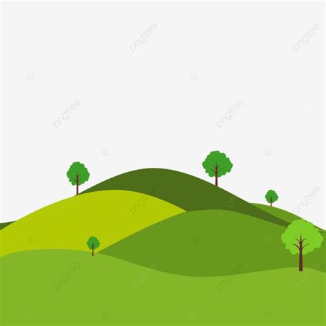 a green hill with trees and grass in the foreground, on a white background