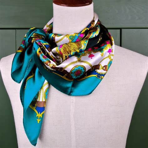 89*89cm Scarves Turquoise Multicolor Printed Big Square Shawl 100% Silk ...