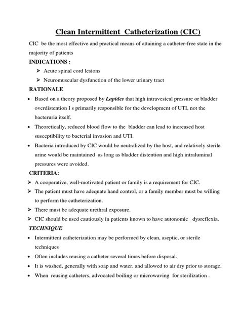 Clean Intermittent Catheterization (CIC) : Indications | PDF | Urinary Tract Infection | Urology