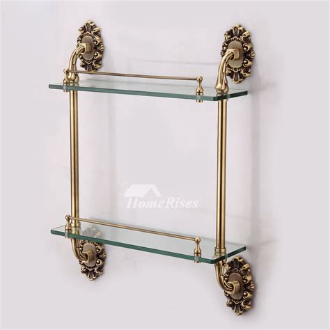 Luxury Carved Wall Mounted Gold Brass Double Glass Bathroom Shelves