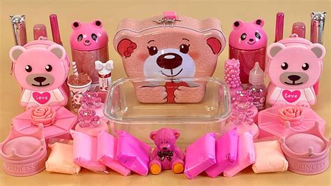 ASMR Slime Mixing ”Pink BEAR” 💗🐻 makeup, Eyeshadow, glitter into slime. Satisfying slime video ...