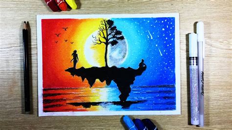 How to draw Sunset ft Moonlight Scenery with Oil Pastel step by step - YouTube