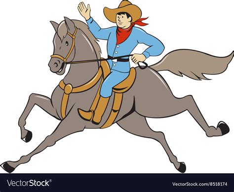 Cowboy riding horse waving cartoon Royalty Free Vector Image