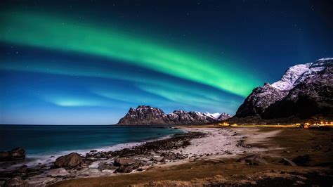 aurora borealis, northern lights, beach, scenery, lofoten islands ...