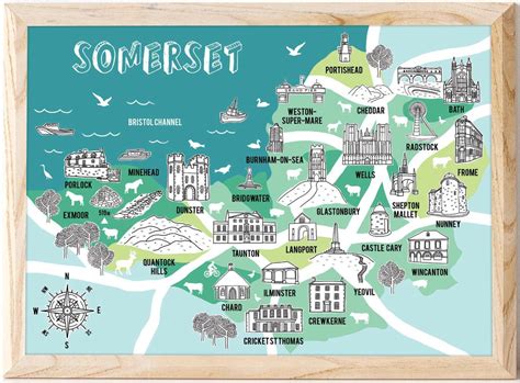 Crewkerne, Yeovil, Bridgwater, Hand Drawn Map, County Map, Bath Gift ...