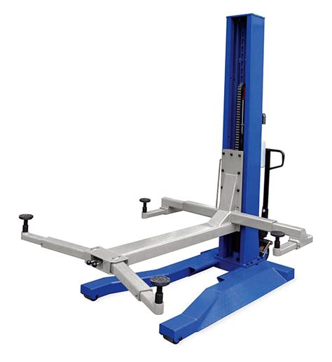 This Updated 6,000 lb. Blue Mobile Single Column Lift works indoors or outdoors and moves easily ...