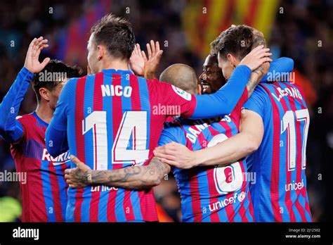 BARCELONA - FEB 27: Barcelona players celebrate a goal at the La Liga ...