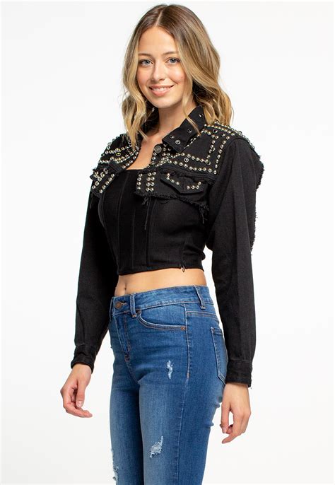 Distressed Studded Super Cropped Denim Jacket | Shop at Papaya Clothing