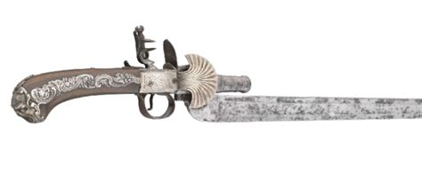 Lock, Stock, and History — Silver mounted flintlock sword pistol produced by...