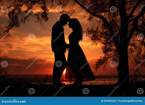 Sunset Photo of Silhouettes of a Couple in Love Stock Illustration ...