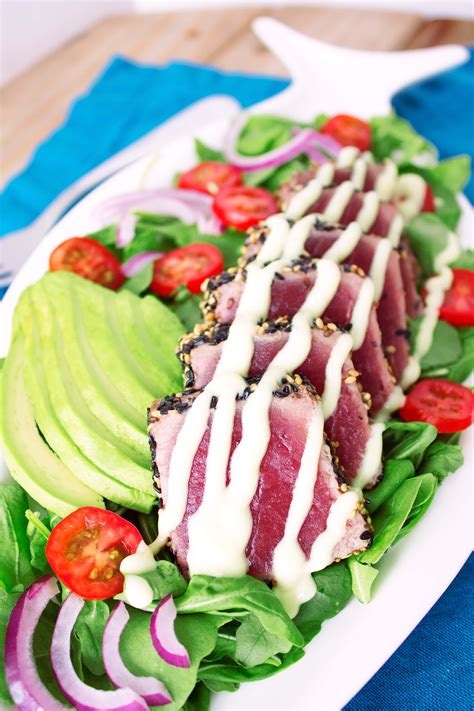 Sesame-Crusted Seared Ahi Tuna Salad with Creamy Wasabi Dressing - Kit's Coastal