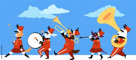 Cute cartoon animals playing instruments in a marching band parade, EPS ...