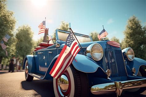 Premium AI Image | A vintage car with american flags on the roof