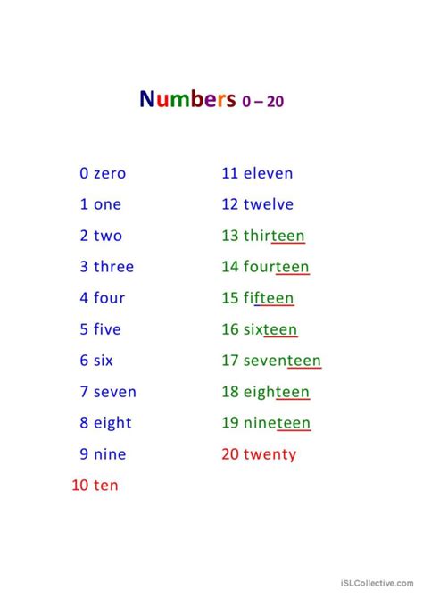 numbers 0-20: English ESL worksheets pdf & doc