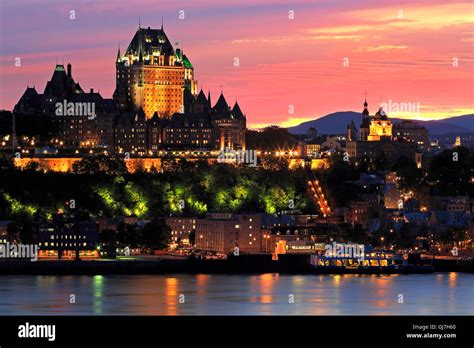 Quebec City skyline at dusk and Saint Lawrence River, Canada Stock ...