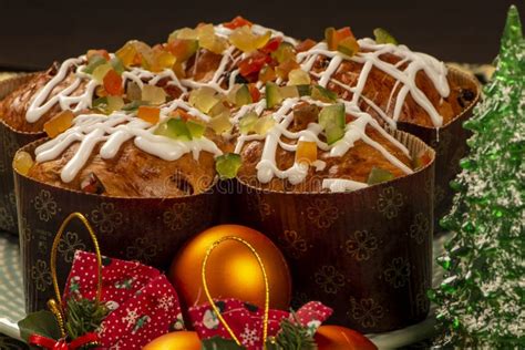 Panettone Topped with Candied Fruit and White Chocolate Sauce Stock Image - Image of dried ...