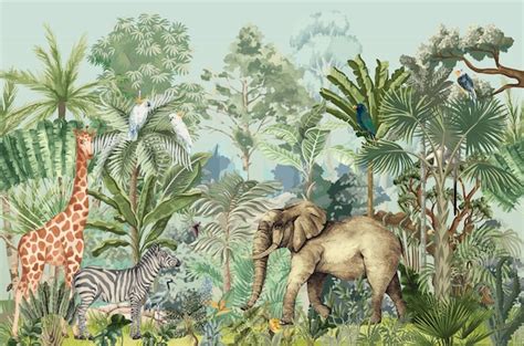 Premium Vector | Tropical jungle safari animal with forest illustration ...