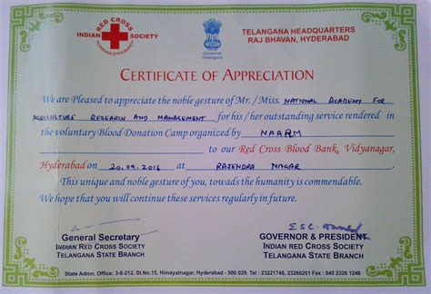 NAARM Get Certificate of Appreciation from Governor and President of Indian Red Cross Society ...