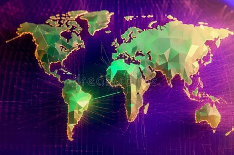 World Map with Vibrant Purple, Green, Gold Colors Displayed in a Digital Cyberspace Environment ...