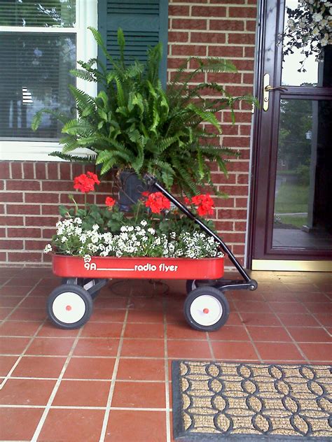 Red Radio Flyer wagon filled with red geraniums and white alyssum with Kimberly Queen fern in ...