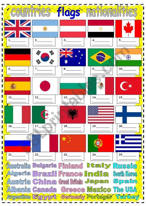 countries flags nationalities - ESL worksheet by LILIAAMALIA