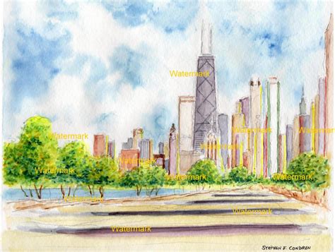 Chicago skyline watercolor painting with John Hancock Center.