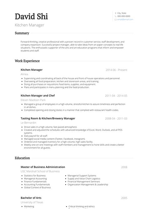 Kitchen Manager - Resume Samples and Templates | VisualCV