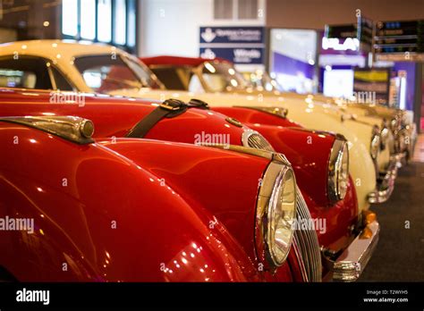 Poznan - Poland / March 28 2019, Front of beautiful classic red Jaguar ...