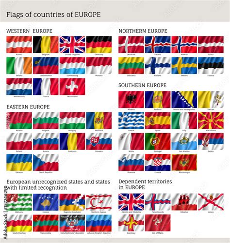 Flags of countries of Western, Northern, Easter, Southern Europe, big set, full collection wind ...