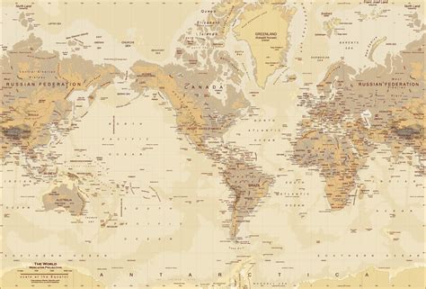 Tan World Map Map Wall Mural | World map wallpaper, Antique world map ...