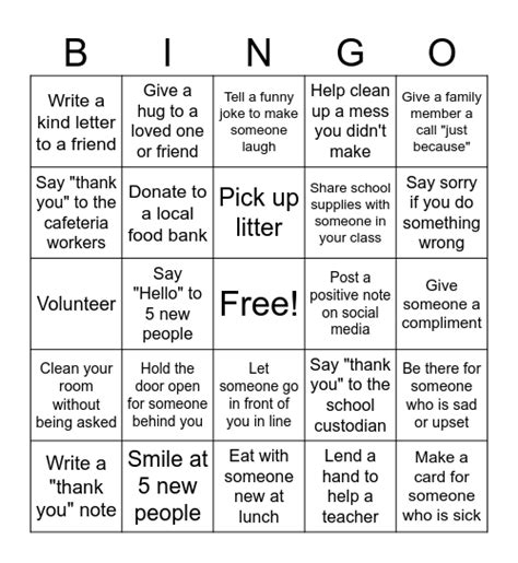 Random Acts of Kindness Bingo Card