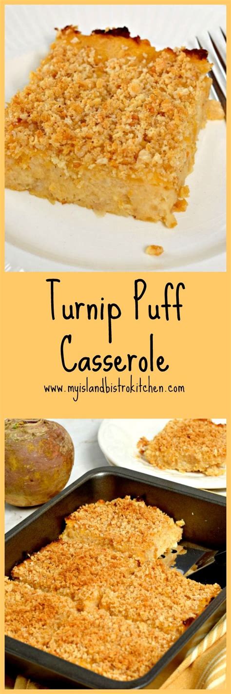 Turnip Puff Casserole is a side dish made with rutabaga purée, applesauce,cheese,and light ...