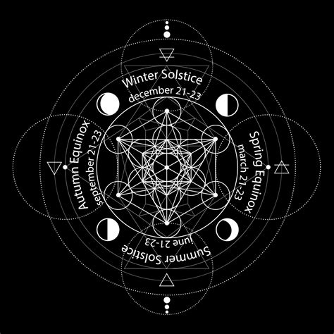 solstice and equinox circle stylized as linear geometrical design with white thin lines on black ...