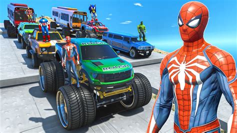 Spider-Man TEAM With Monster Truck CARS SUPERHEROES JUMP Challenge On ...