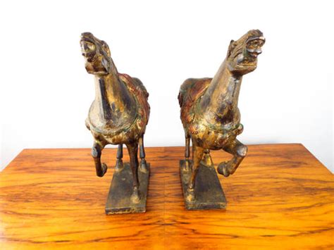 Chinese Wooden War Horses Monochromatic Paint Tang Dynasty Sculptures – Yesteryear Essentials