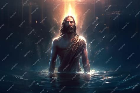 Premium AI Image | Jesus standing in the water with the light shining ...