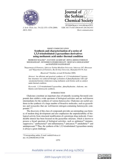 (PDF) Synthesis and characterization of a series of 1,3,5-trisubstituted-2-pyrazolines ...