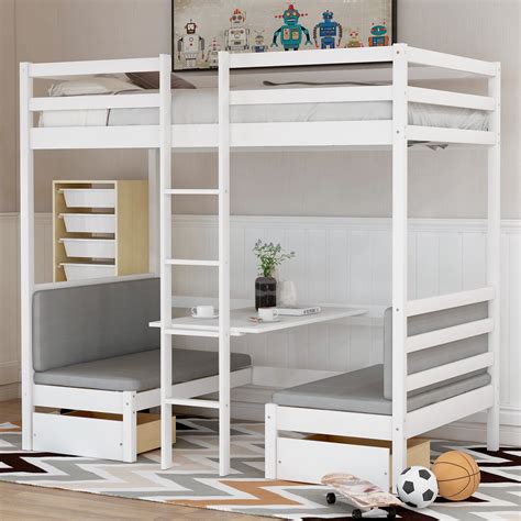 EUROCO Solid Wood Convertible Twin Bunk Bed with Desk & 2 Drawers for ...