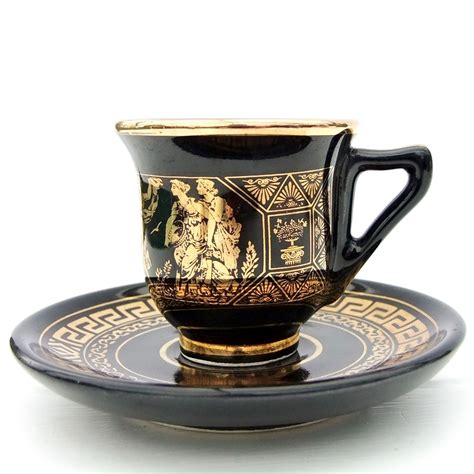 Vintage Greek Black Gold Demitasse Espresso Coffee Cup Saucer on The Vintage Pantry Store