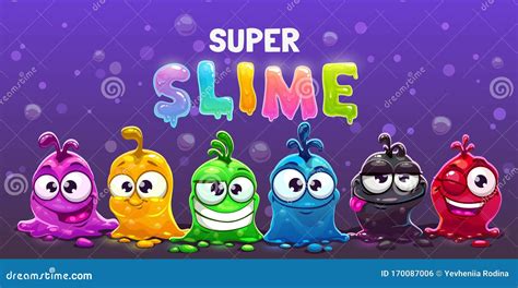 Super Slime Horizontal Banner. Funny Cute Cartoon Alien Slimy Characters. Vector Illustration ...